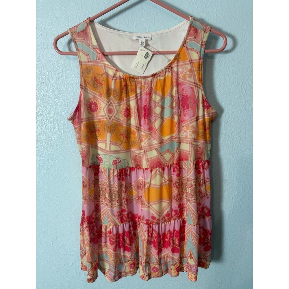 Tribal Jeans Sleeveless Tiered Boho Print Top NWT Petite Small Yellovango Artsy